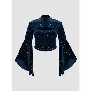 NWT Cider Velvet Star Pattern Dramatic Bell Sleeve Crop Top Blue Size 4XL